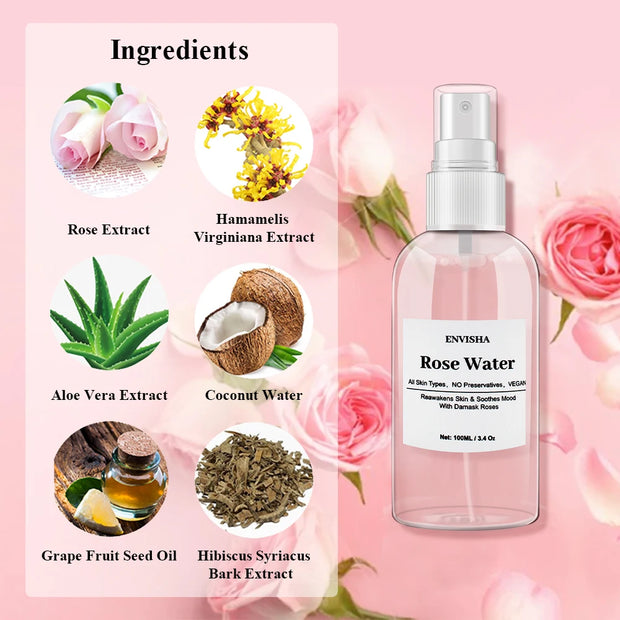 ENVISHA Rose Water Facial Toner – Organic Rose Essence for Moisturizing, Pore Tightening & Skin Refreshing