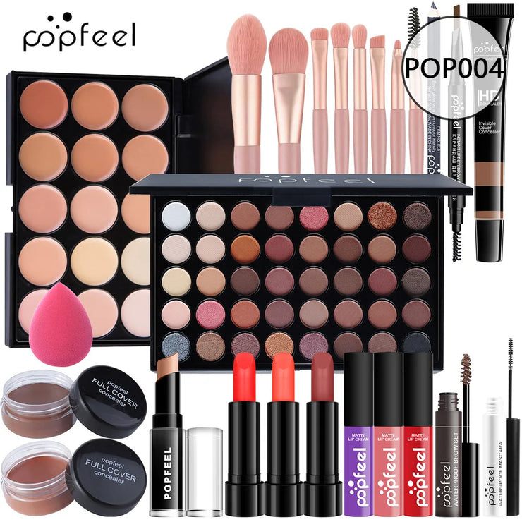 POPFEEL All-in-One Makeup Kit Gift Set – Eyeshadow, Foundation, Lip Gloss, Blush, Brushes, Eyeliner & More | Beauty Essentials