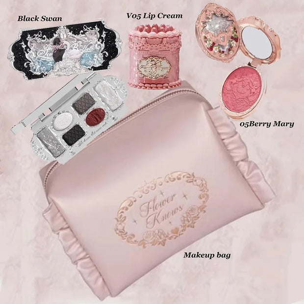 Flower Knows Swan Ballet Makeup Set – 6-Color Eyeshadow Palette, Embossed Blusher, Shine Lipstick & Cosmetic Bag (All-In-One Kit)