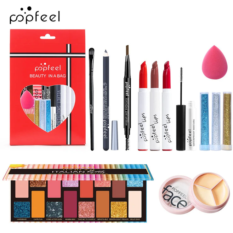 POPFEEL All-in-One Makeup Kit Gift Set – Eyeshadow, Foundation, Lip Gloss, Blush, Brushes, Eyeliner & More | Beauty Essentials