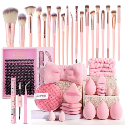 Makeup Brushes & Sponges Set – Pink Puff, Headband, Wristbands, and 8–16mm DIY Eyelash Extension Kit