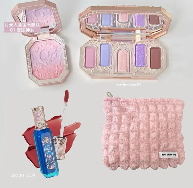 Flower Knows Swan Ballet Makeup Set – 6-Color Eyeshadow Palette, Embossed Blusher, Shine Lipstick & Cosmetic Bag (All-In-One Kit)