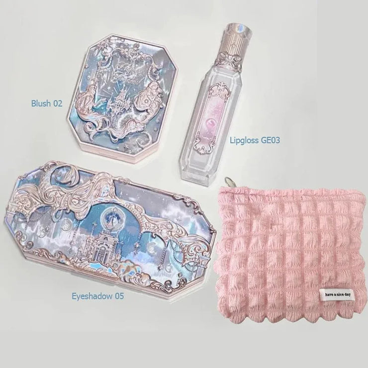Flower Knows Swan Ballet Makeup Set – 6-Color Eyeshadow Palette, Embossed Blusher, Shine Lipstick & Cosmetic Bag (All-In-One Kit)