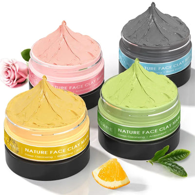 4-Piece Clay Facial Mask Set – Turmeric, Vitamin C, Green Tea & Rose for Deep Cleansing & Pore Refining (320g)