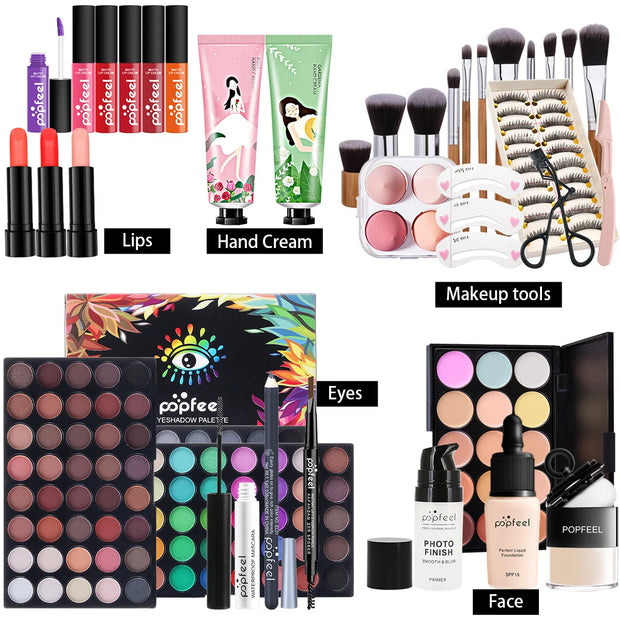 POPFEEL All-in-One Makeup Kit Gift Set – Eyeshadow, Foundation, Lip Gloss, Blush, Brushes, Eyeliner & More | Beauty Essentials