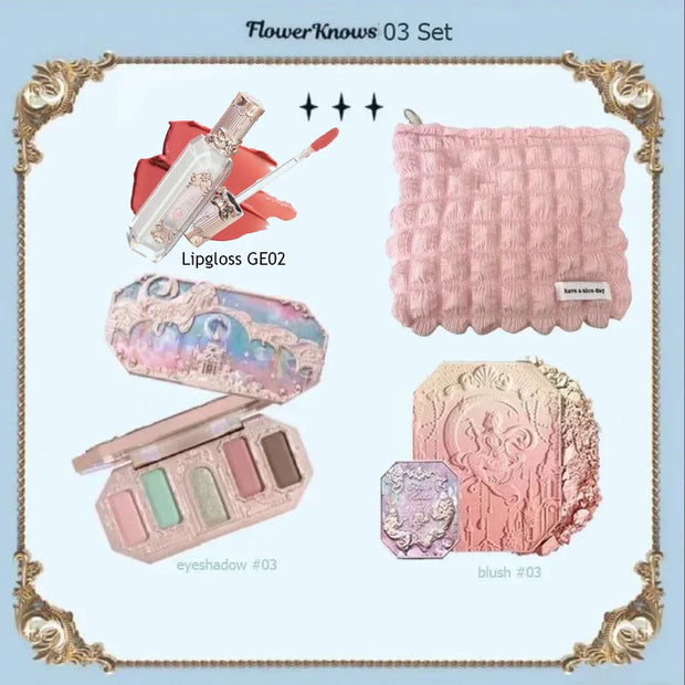 Flower Knows Swan Ballet Makeup Set – 6-Color Eyeshadow Palette, Embossed Blusher, Shine Lipstick & Cosmetic Bag (All-In-One Kit)