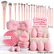 Makeup Brushes & Sponges Set – Pink Puff, Headband, Wristbands, and 8–16mm DIY Eyelash Extension Kit