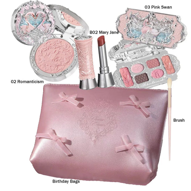 Flower Knows Swan Ballet Makeup Set – 6-Color Eyeshadow Palette, Embossed Blusher, Shine Lipstick & Cosmetic Bag (All-In-One Kit)