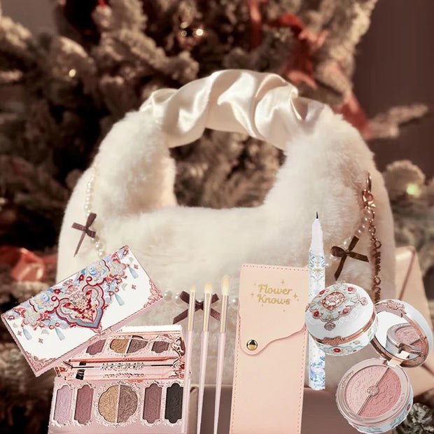 Flower Knows Swan Ballet Makeup Set – 6-Color Eyeshadow Palette, Embossed Blusher, Shine Lipstick & Cosmetic Bag (All-In-One Kit)