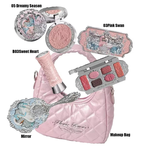Flower Knows Swan Ballet Makeup Set – 6-Color Eyeshadow Palette, Embossed Blusher, Shine Lipstick & Cosmetic Bag (All-In-One Kit)
