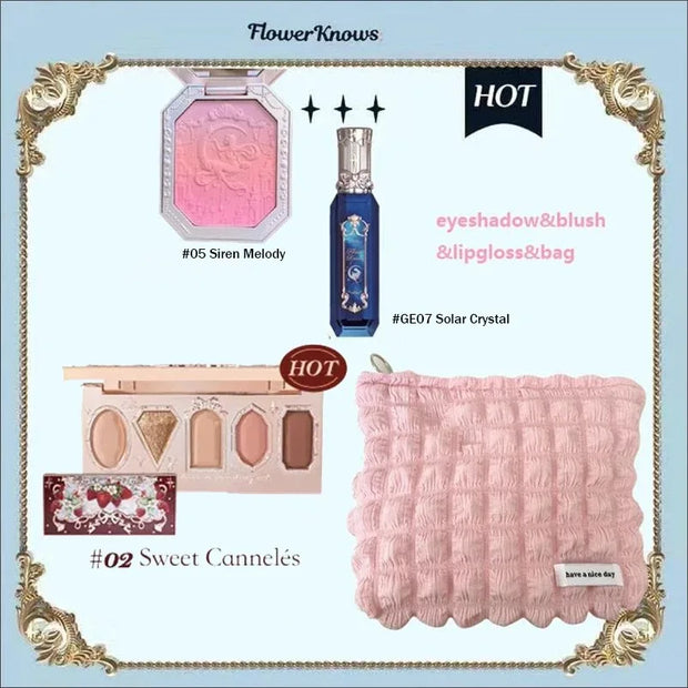 Flower Knows Swan Ballet Makeup Set – 6-Color Eyeshadow Palette, Embossed Blusher, Shine Lipstick & Cosmetic Bag (All-In-One Kit)