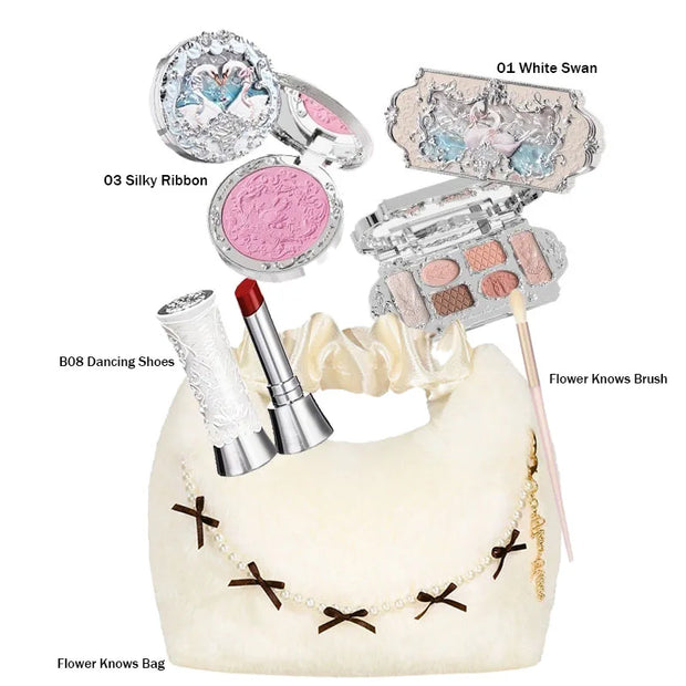 Flower Knows Swan Ballet Makeup Set – 6-Color Eyeshadow Palette, Embossed Blusher, Shine Lipstick & Cosmetic Bag (All-In-One Kit)