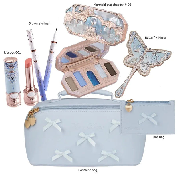 Flower Knows Swan Ballet Makeup Set – 6-Color Eyeshadow Palette, Embossed Blusher, Shine Lipstick & Cosmetic Bag (All-In-One Kit)