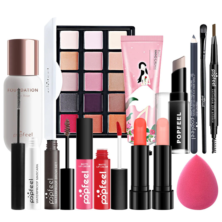 POPFEEL All-in-One Makeup Kit Gift Set – Eyeshadow, Foundation, Lip Gloss, Blush, Brushes, Eyeliner & More | Beauty Essentials