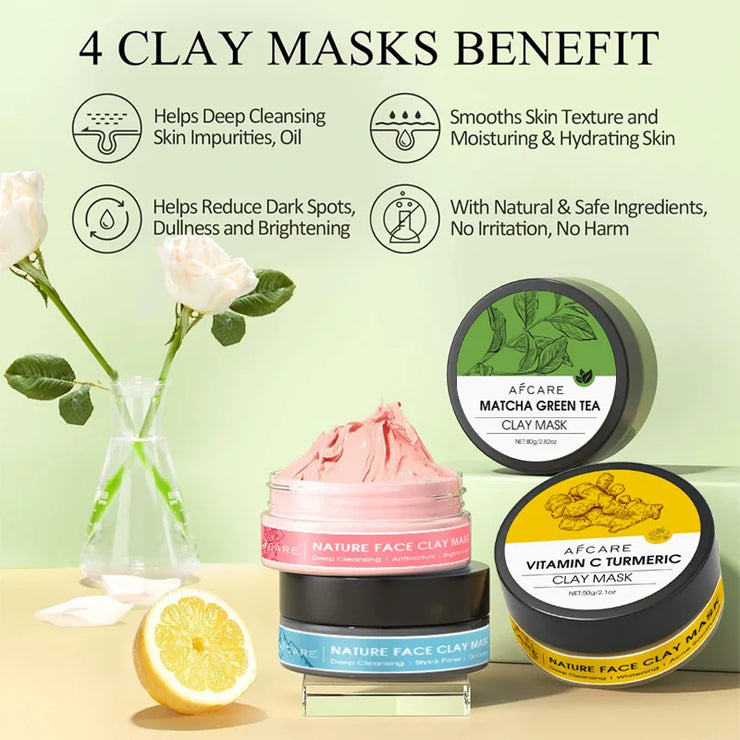 4-Piece Clay Facial Mask Set – Turmeric, Vitamin C, Green Tea & Rose for Deep Cleansing & Pore Refining (320g)