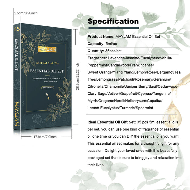 MAYJAM 35-Bottle Aromatherapy Essential Oil Gift Set – Includes Lavender, Jasmine, Eucalyptus, Vanilla, Peppermint, Sandalwood & More