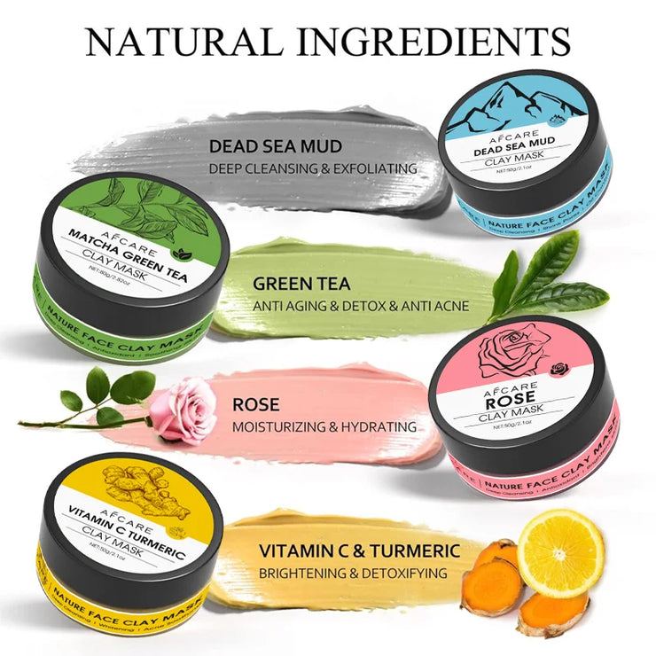 4-Piece Clay Facial Mask Set – Turmeric, Vitamin C, Green Tea & Rose for Deep Cleansing & Pore Refining (320g)