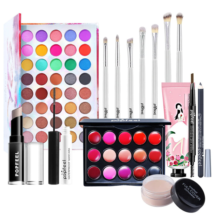 POPFEEL All-in-One Makeup Kit Gift Set – Eyeshadow, Foundation, Lip Gloss, Blush, Brushes, Eyeliner & More | Beauty Essentials