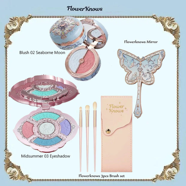 Flower Knows Swan Ballet Makeup Set – 6-Color Eyeshadow Palette, Embossed Blusher, Shine Lipstick & Cosmetic Bag (All-In-One Kit)