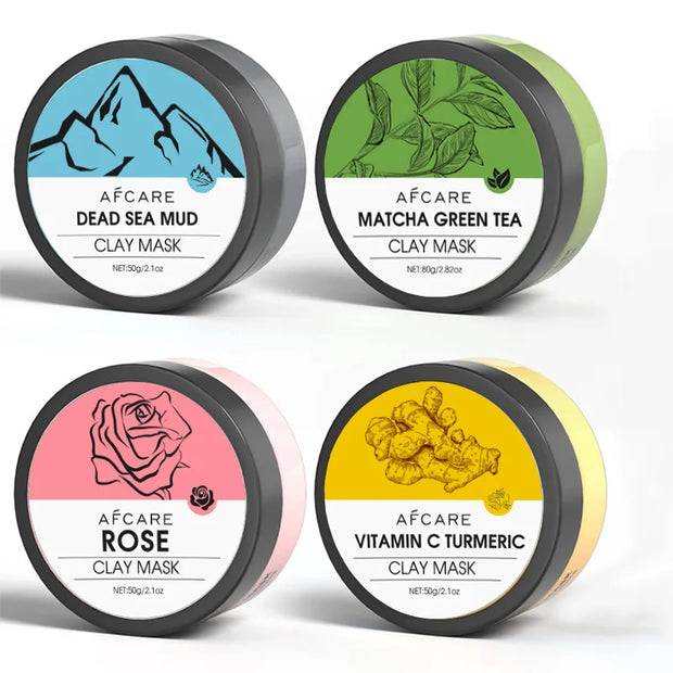 4-Piece Clay Facial Mask Set – Turmeric, Vitamin C, Green Tea & Rose for Deep Cleansing & Pore Refining (320g)
