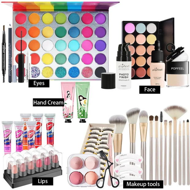 POPFEEL All-in-One Makeup Kit Gift Set – Eyeshadow, Foundation, Lip Gloss, Blush, Brushes, Eyeliner & More | Beauty Essentials